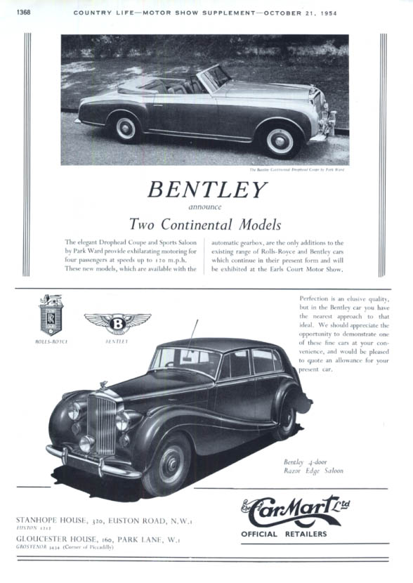Image for Bentley Continental Convertible / Car Mart Razor Edge Saloon ad 1955 1954 CL