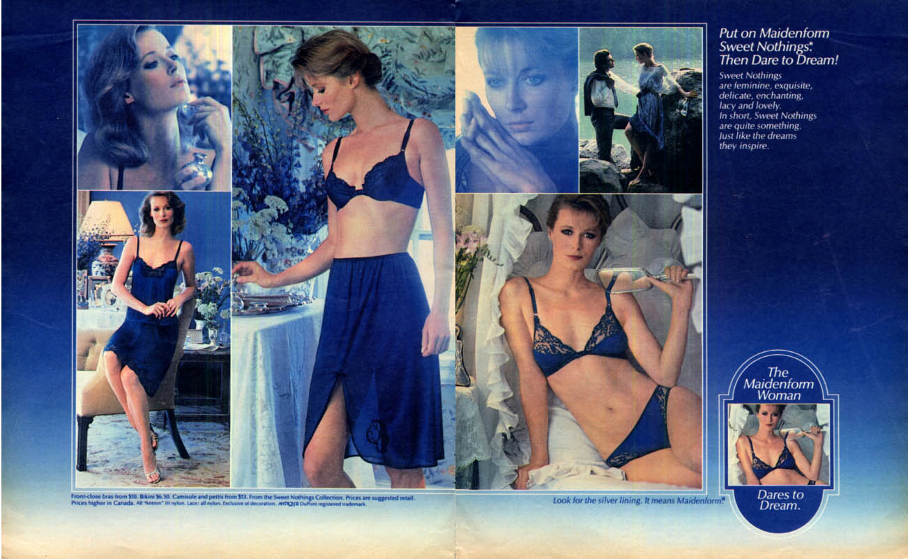 Put on Maiderform Sweet Nothings Then dare to dream. Panties bra slip ad  1984 NT