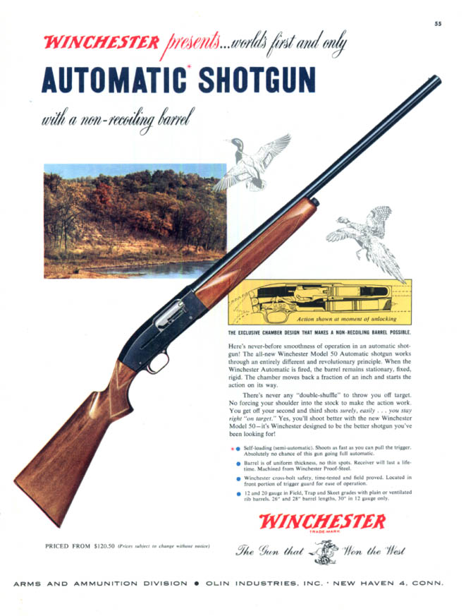 Image for 1st & Only Automatic Shotgun with non-recoling barrel Winchester ad 1954 Col