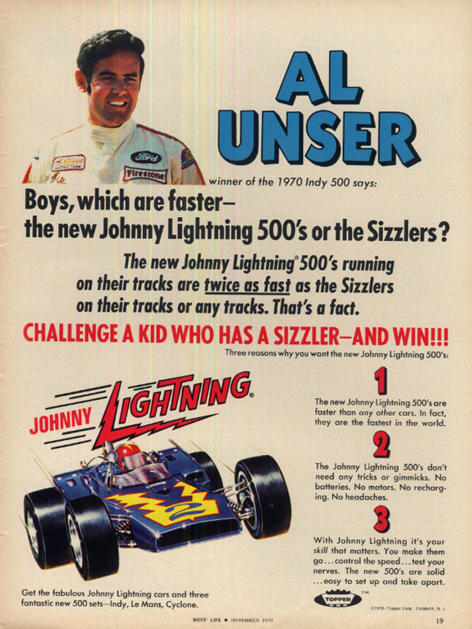 Image for 1970 Indy 500 Winner Al Unser for Johnny Lightning slotcar racers ad 1970