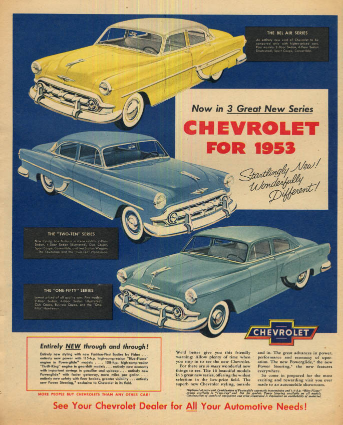 Image for 3 Great New Series: Chevrolet Bel Air Two-ten One-Fifty ad 1953 AW