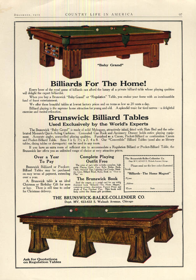 Image for Billiards for the Home: Baby Grand Brunswick pocket & billiard tables ad 1913