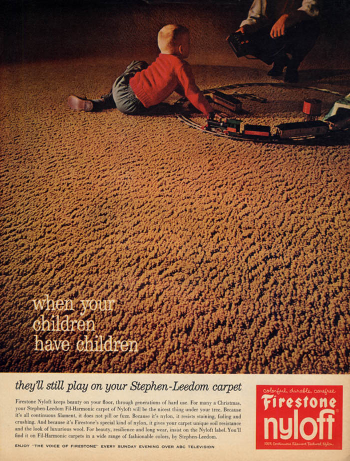 Image for Firestone Nyloft Carpet ad 1962 American Flyer Franklin electric train set