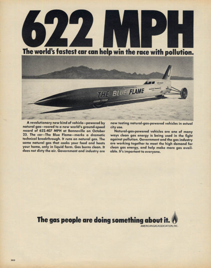 Image for 622 mph World's Fastest Car: The Blue Flame runs on Natural Gas ad 1970