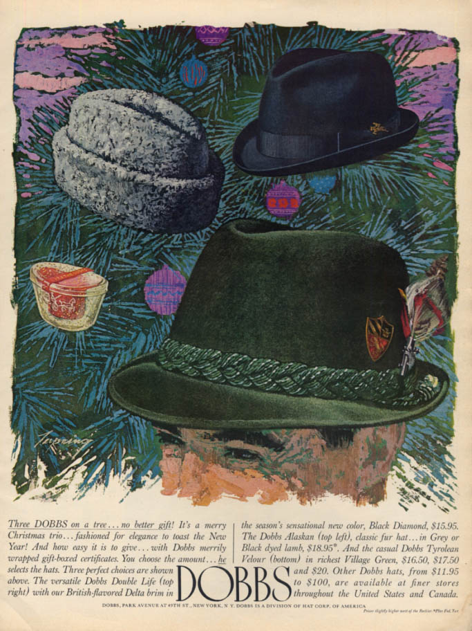 Image for 3 Dobbs Hats on a tree - no better gift! Double Life Alaskan & Tyrolean ad 1962