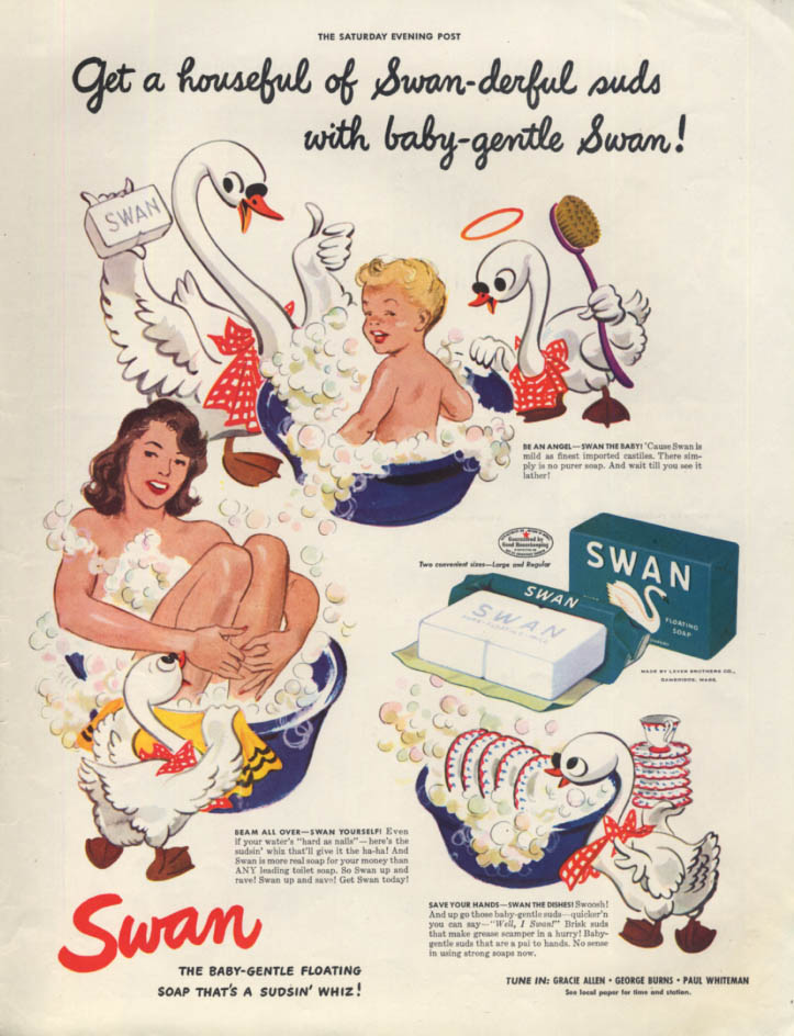 Image for A houseful of Swan-derful suds: Swan Soap ad 1942 woman in tub, swans