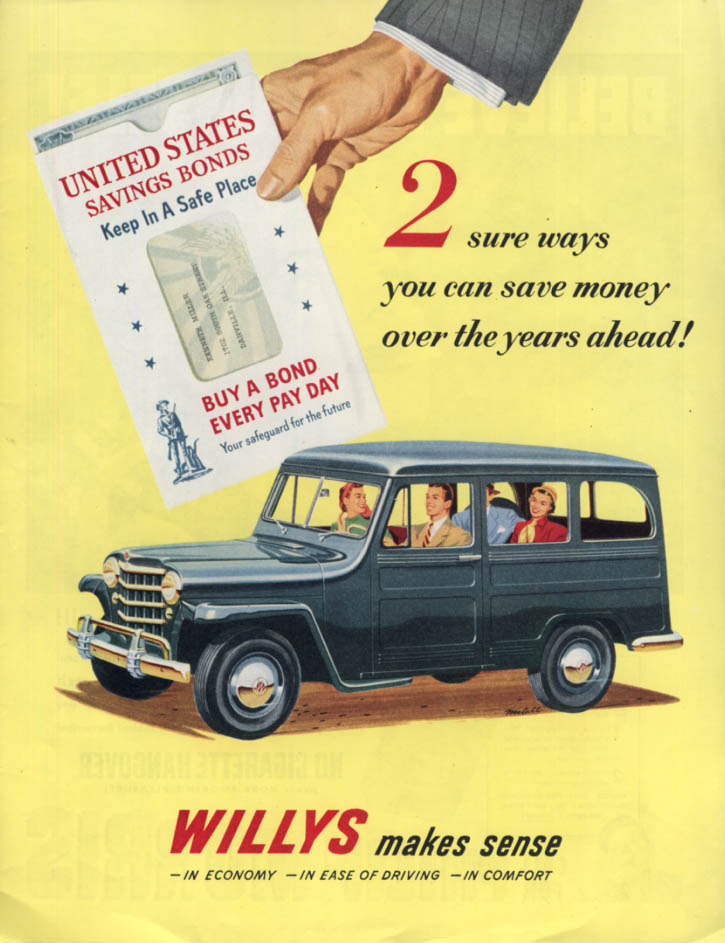 Image for 2 sure ways you can save money Savings Bonds & Willys Station Wagon ad 1951