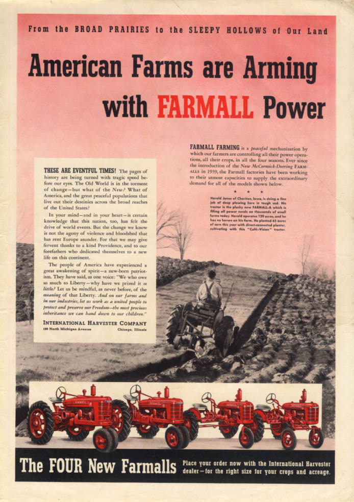 Image for American Farns are Arming with International Farmall Tractor Power ad 1940