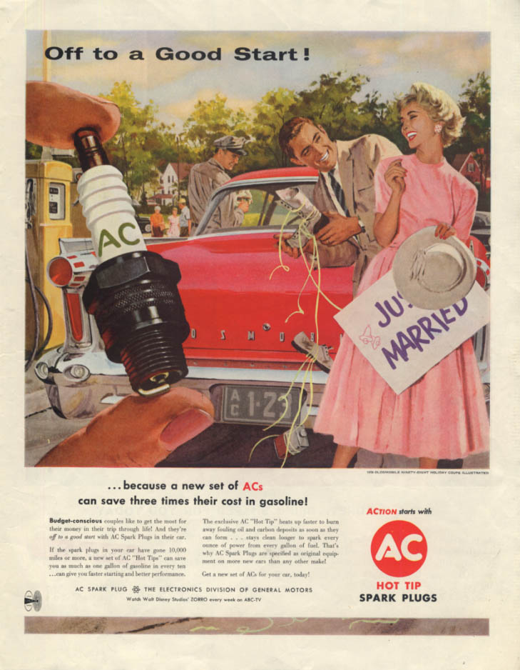 Image for A Good Start Oldsmobile 98 Holiday Coupe AC Spark Plugs ad 1958 Just Married