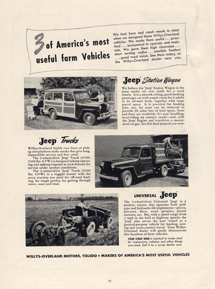 Image for 3 of America's most useful vehicles Jeep Station Wagon Truck & Universal Ad 1949