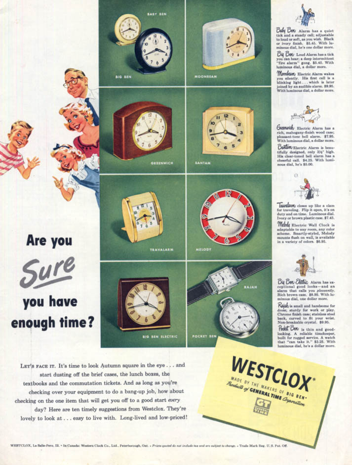 Image for Are you SURE you have enough time? Westclox Clocks & Watches ad 1951 Col