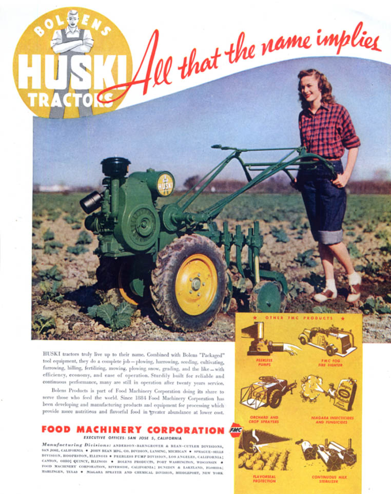 Image for All that the name implies: Bolens Huski Tractor ad 1947 woman in dungarees