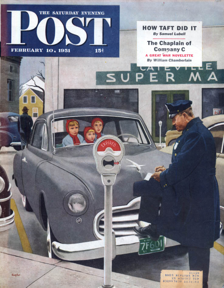Image for SATURDAY EVENING POST COVER 2/10 1951 kids see cop give parking ticket by Hughes