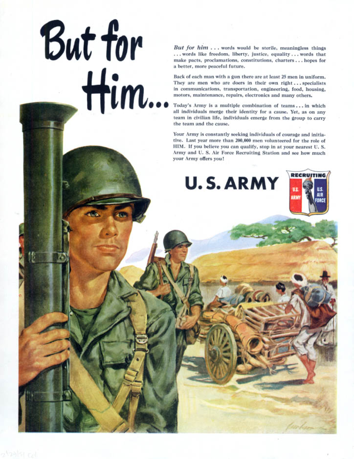 Image for But for Him words like freedom would be sterile: U S Army Recruiting ad 1951 Col