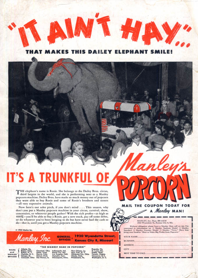 Image for A Trunkful of Manley's Popcorn makes Dailey Elephant Rosie Smile ad 1950