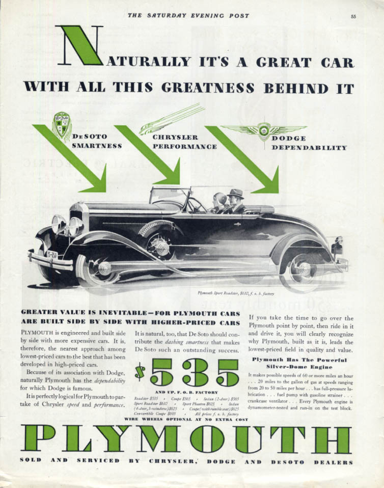Image for A Car with All This Greatness Behind It: Plymouth Sport Roadster ad 1931 SEP