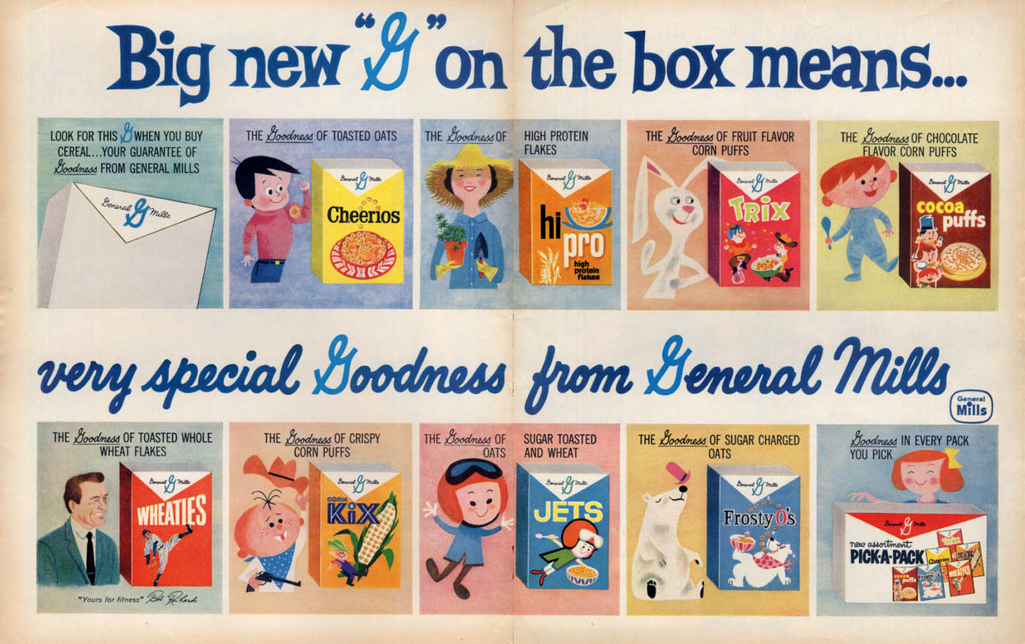 Image for "G" on the General Mills Box Trix Cocoa Puffs Jets Kix Cheerios Frosy Os ad 1960