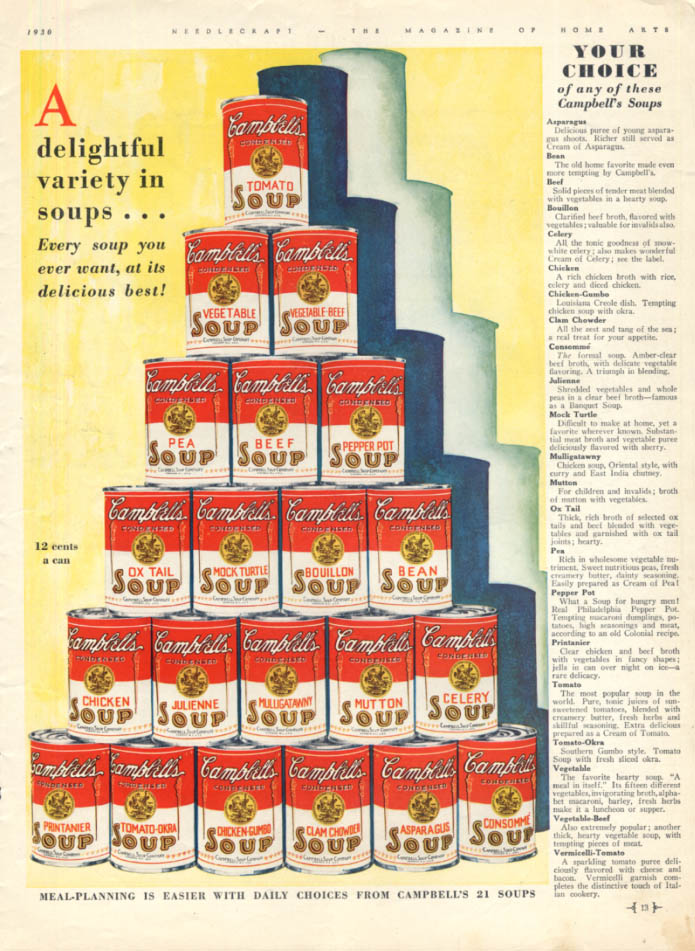 Image for A delightful variety of soups: Campbell's pyramid of cans ad 1930