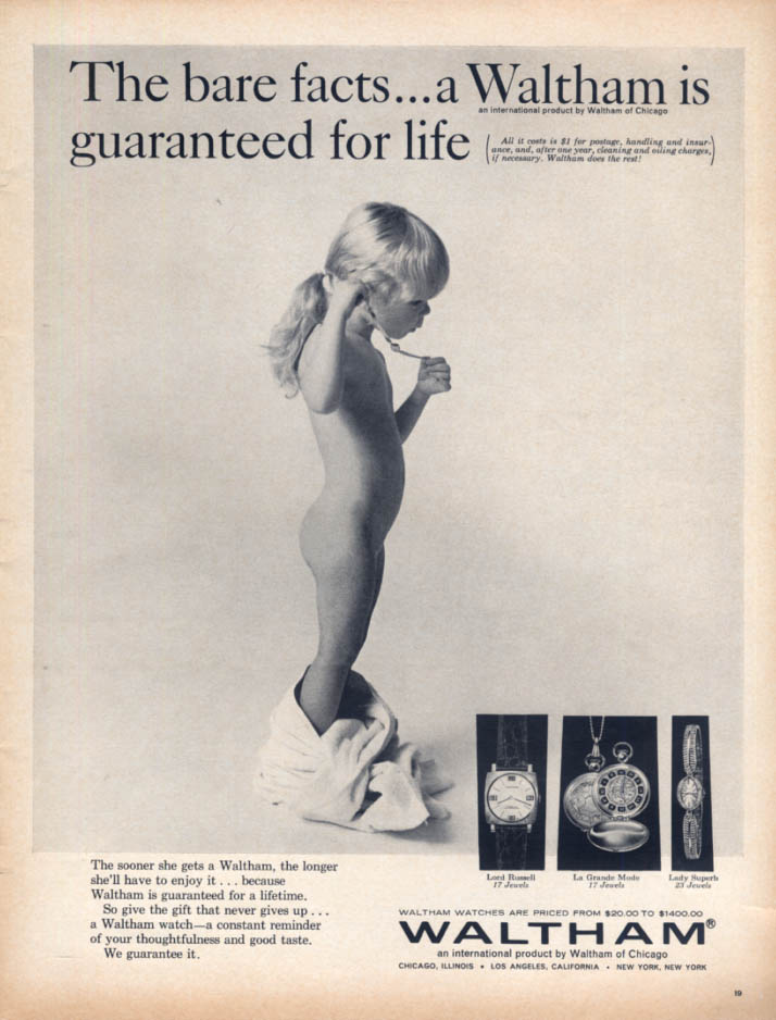 Image for Bare Facts: Waltham Wrist Watches guaranteed for life ad 1967 little girl naked