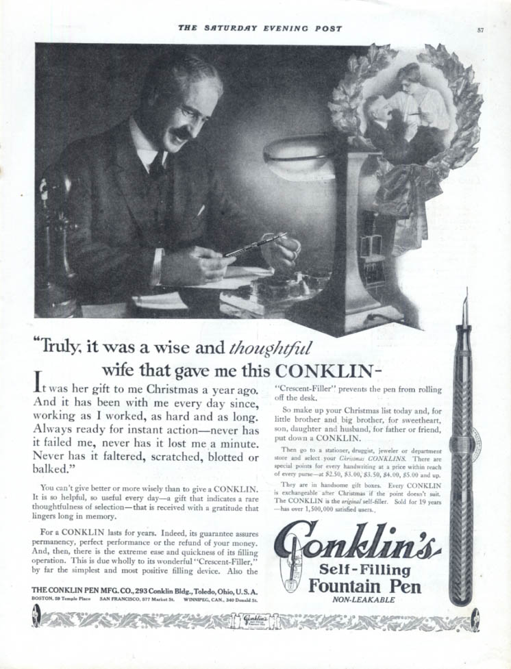 Image for A wise & thoughtful wife gave me a Conklin Self-filling Fountain Pen ad 1916