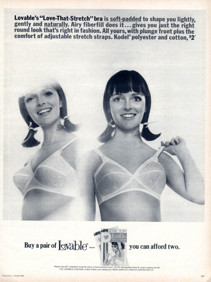 Soft-padded to shape you lightly: Lovable Love-That-Stretch Bra ad 1966