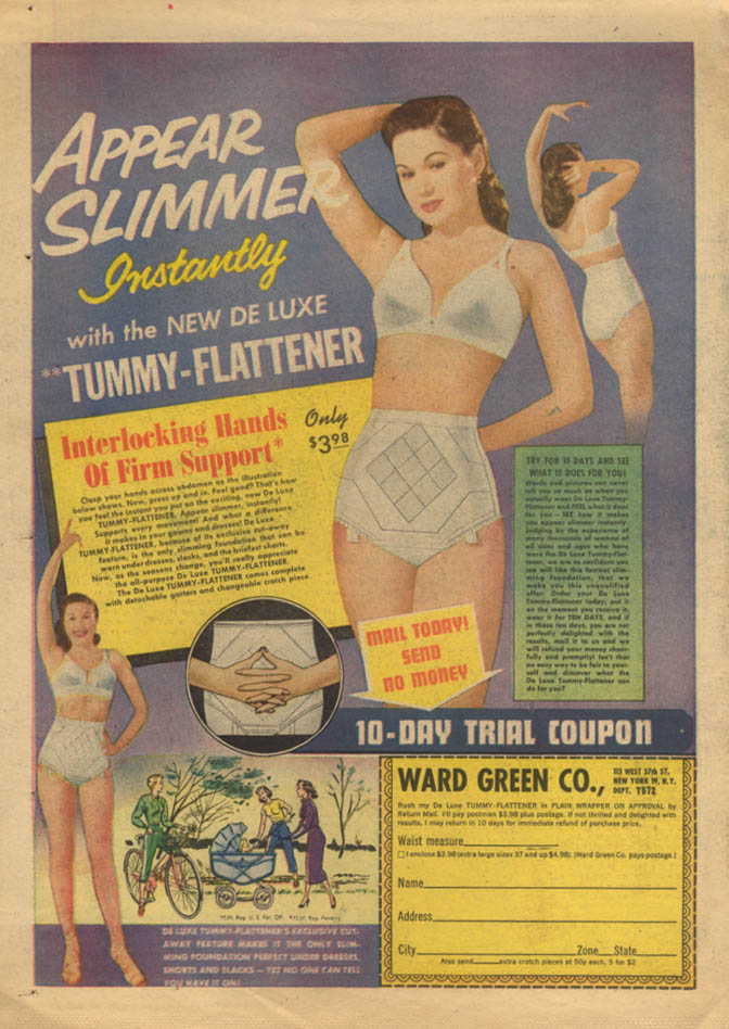 Appear Slimmer Instantly: Ward Green Tummy-Flattener ad 1953