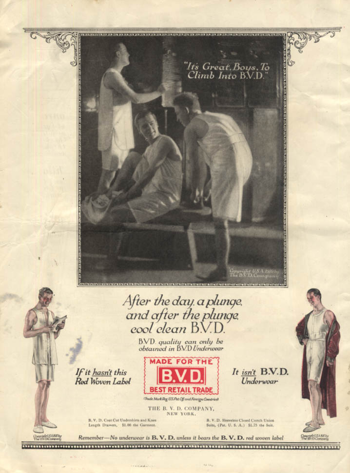 After a plunge & after - cool clean B V D Men's Underwear ad 1919 Col