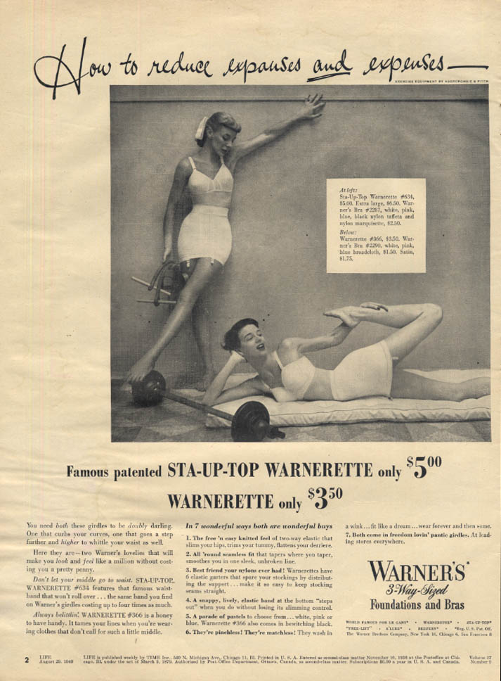 How to reduce expanses & expenses: warner's Sta-Up-Top Warnerette Girdle ad  1949
