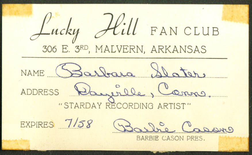Country Star Lucky Hill Fan Club Membership Card 1958