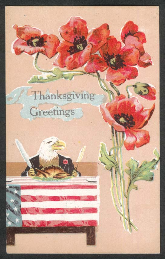 Thanksgiving Greetings Bald Eagle eating turkey postcard 1920s