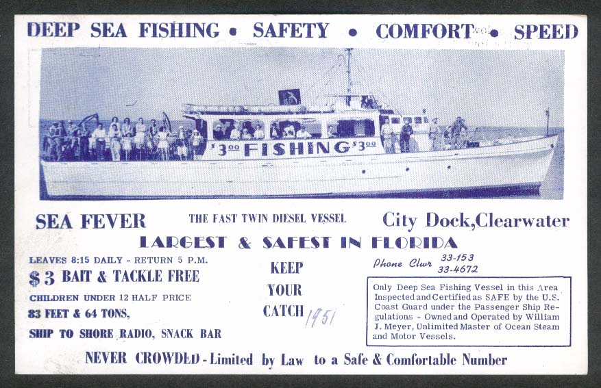 Sea Fever Deep Fishing City Dock Clearwater FL postcard 1950s
