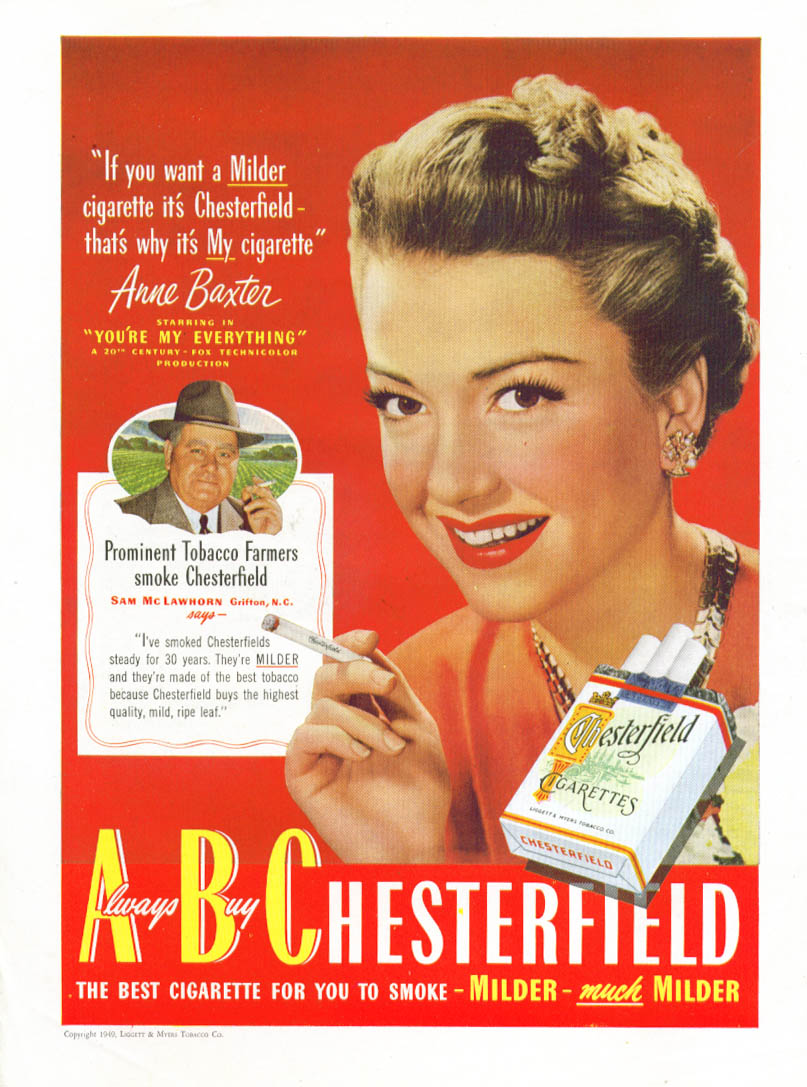 Anne Baxter for Chesterfield Cigarettes ad 1949