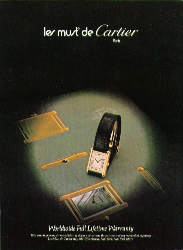 Les Musts de Cartier Lifetime Warranty Watch ad 1980
