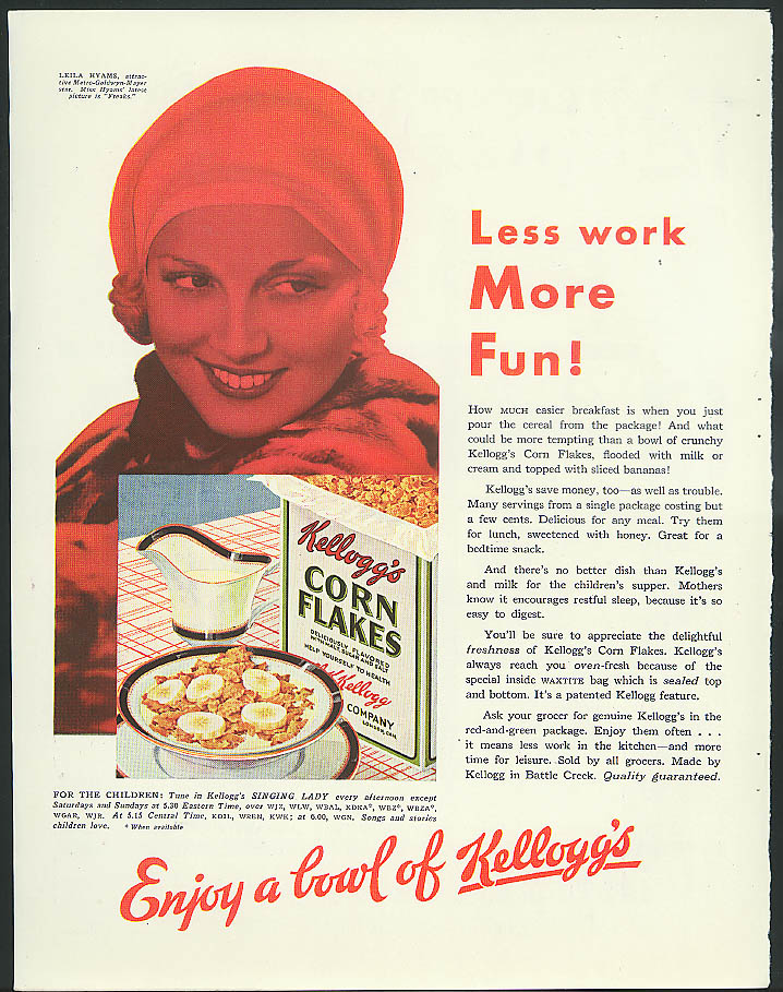Leila Hyams for Kellogg's Corn Flakes ad 1932 Less work more fun!