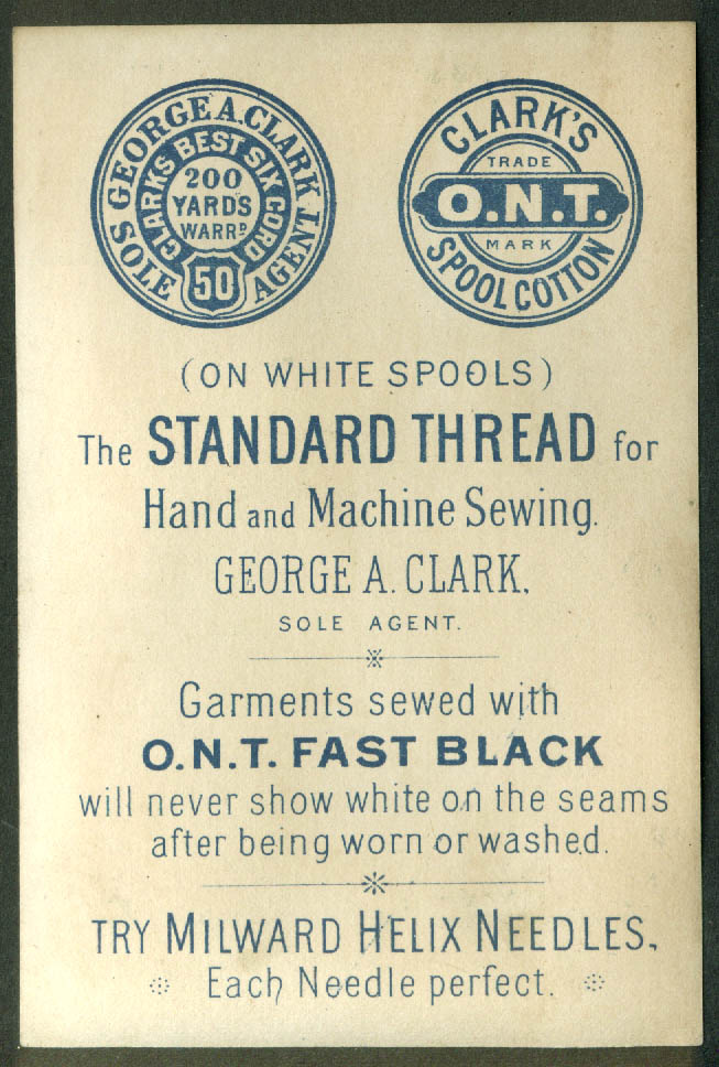 Clark's ONT Spool Cotton Thread trade card 1880s baby Milward's Needles