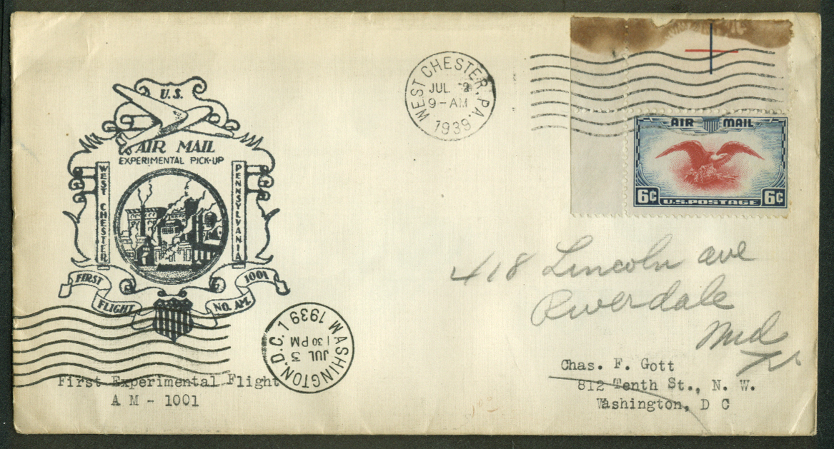 West Chester PA Experimental 1st Flight Air Mail Pickup postal cover 1939