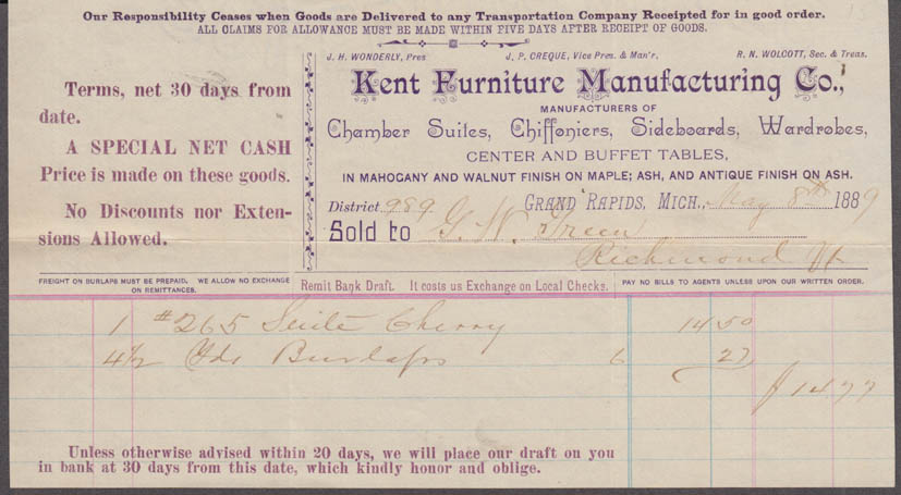 Kent Furniture Mfg Chamber Suites Tables et al invoice Grand Rapids MI 1889