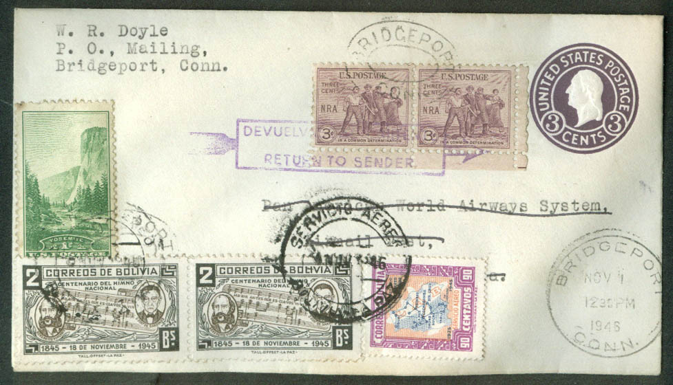 Pan American World Airways Airmail Test postal cover La Paz Bolivia 1946