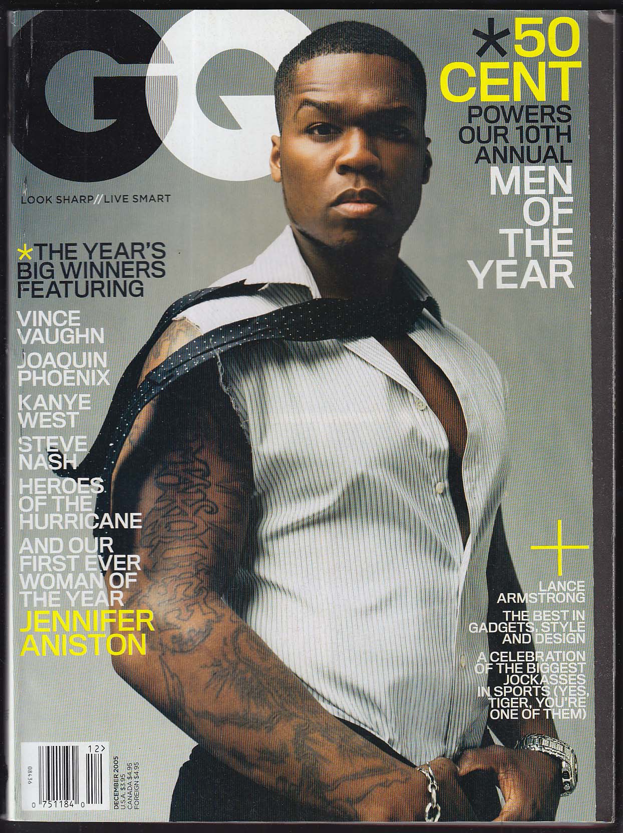 GQ 50 Cent Lance Armstrong Vince Vaughn Kanye West Jennifer Aniston 12 2005