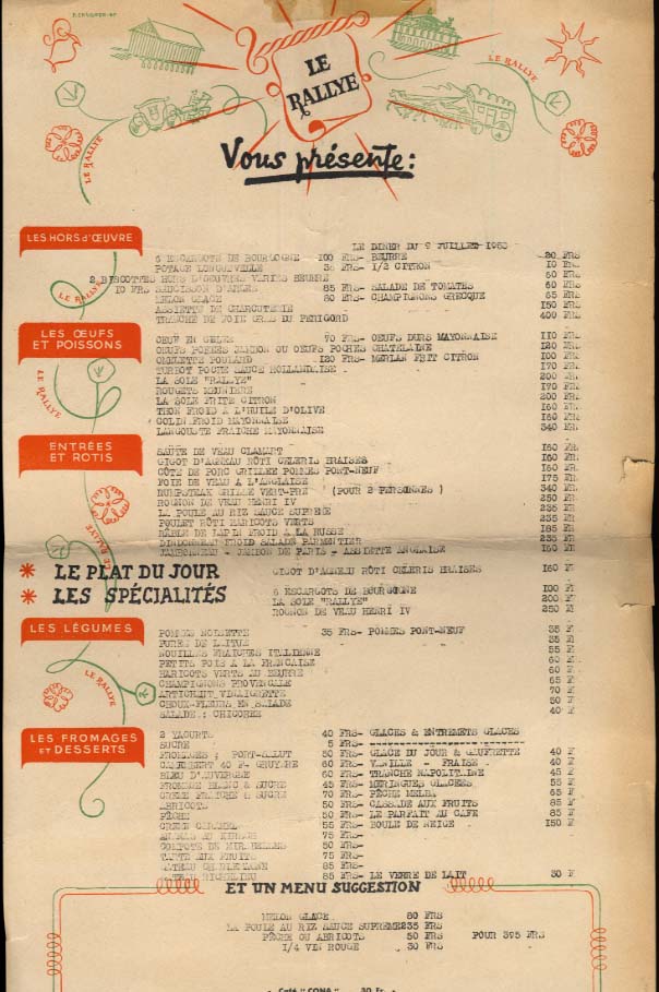 Le Rallye 35 Blvd des Capucines Paris menu sheet 9 July 1950