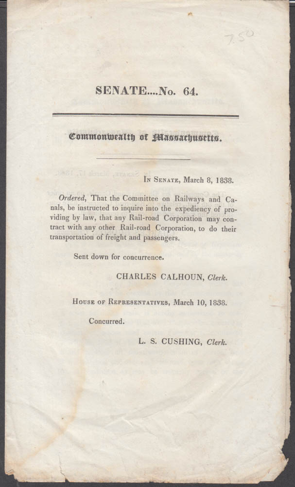 Commonwealth of Massachusetts Senate Bill 64 1838 re railroad interactions