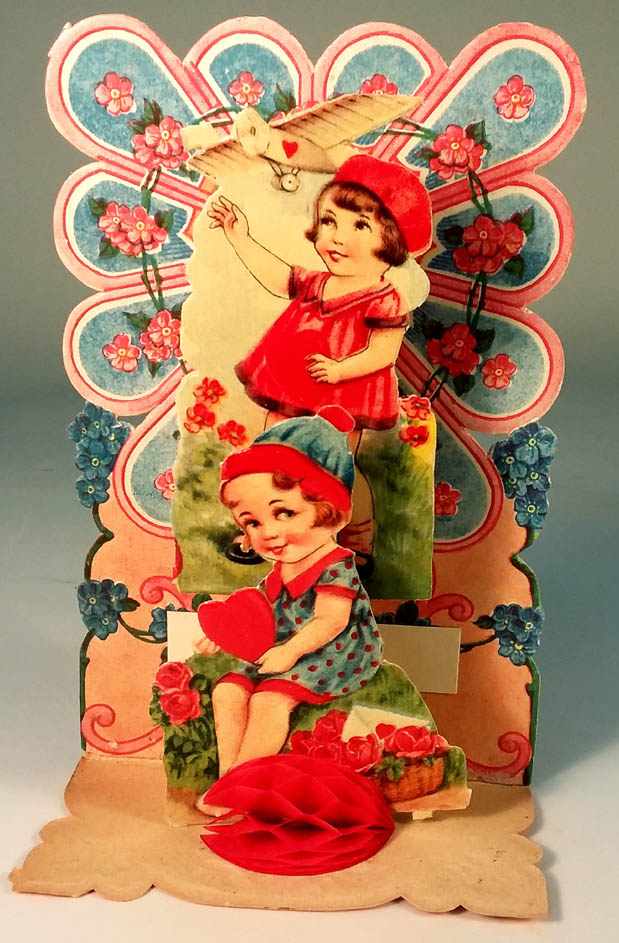 To My Valentine stand-up card girls with hearts watch monoplane ca 1920s