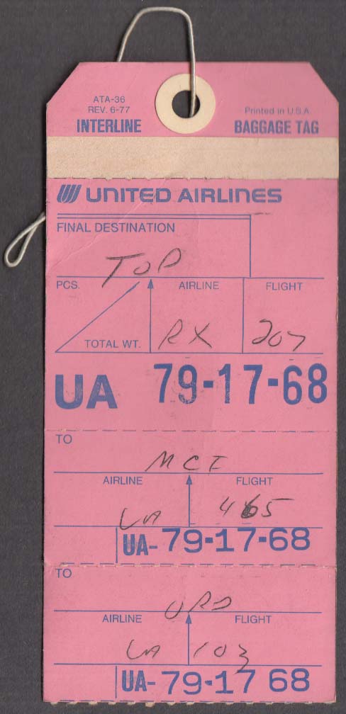 United Airlines Baggage Tag flown MCI-ORD 1977