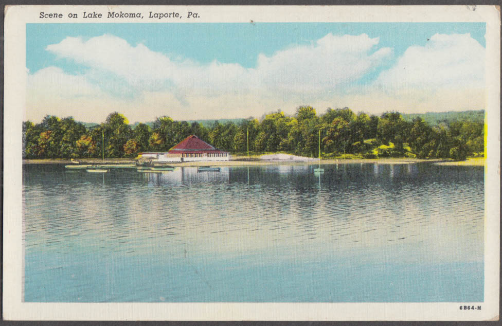 View across Lake Mokoma toward boat house Laporte PA postcard 1950
