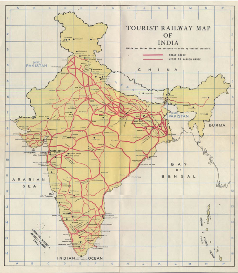 Tourist Railway Map of India ca 1950s w/ Portuguese territories &c