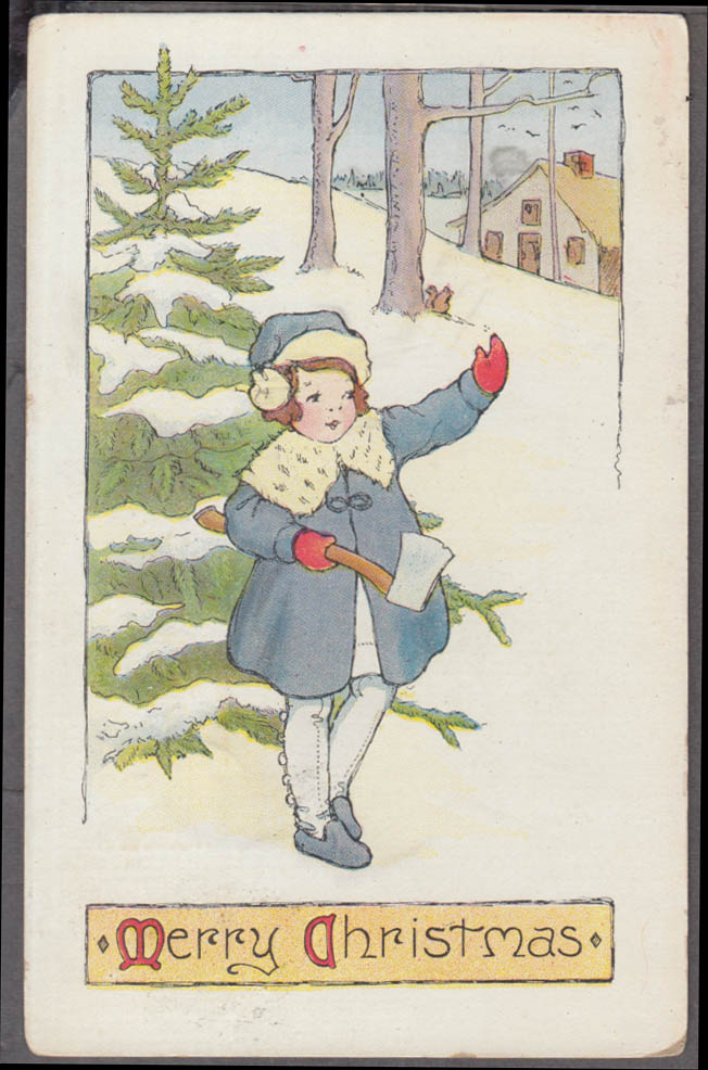 Merry Christmas postcard 1908 redheaded girl with hatchet & tree
