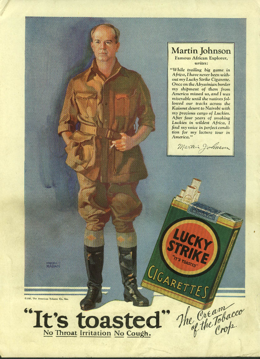 Afrrican explorer Martin Johnson for Lucky Strike Cigarettes ad 1928