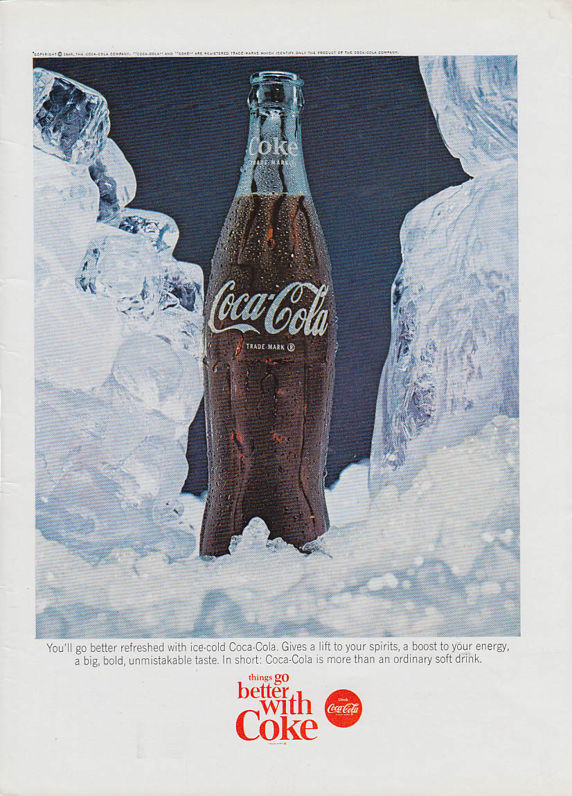 You'll go better refreshed with Coca-Cola ad 1965 bottle amid ice cubes NY
