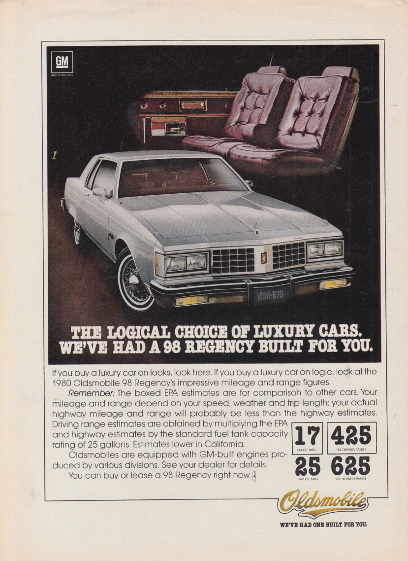 Logical choice for luxury cars Oldsmobile Ninety-Eight Regency ad 1980