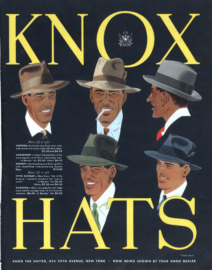 Superba Vagabond Midway Fifth Avenue & Caravan Knox Hats ad 1942 Col
